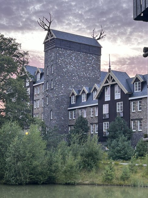 Exterior view of the Loonsche Land hotel at Efteling, featuring a stone facade and antler decorations atop the roof, with surrounding trees and a lake in the foreground.