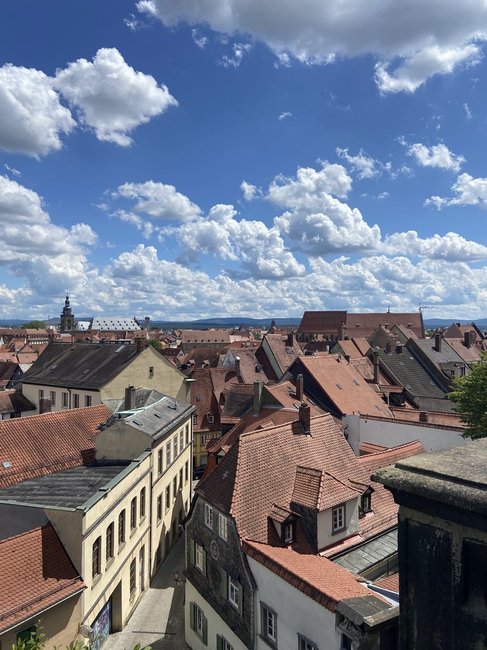View of a picturesque German town with red-tiled rooftops and a cloudy blue sky.
